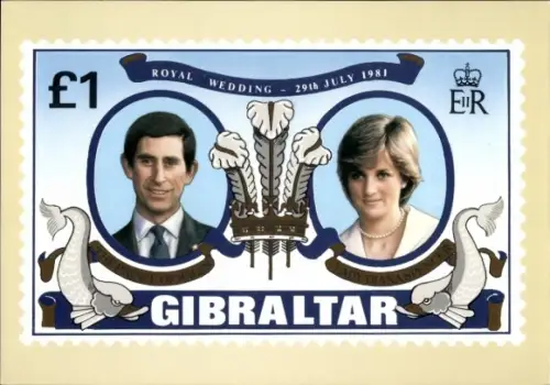Ak Charles, Prince of Wales, Prinzessin Diana, Königliche Hochzeit 1981, Briefmarke Gibraltar