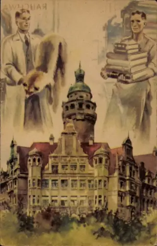 Ak Leipzig, Fassade eines n Gebäudes, zwei Männer mit Büchern und einem Pelz, Kunststil