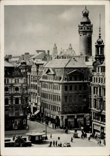 Ak Leipzig, Petersstraße, s Gebäude, Uhrturm, belebte Straße