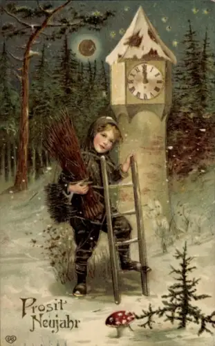 Präge Ak Glückwunsch Neujahr, Schornsteinfeger, Uhr, Fliegenpilz, EAS