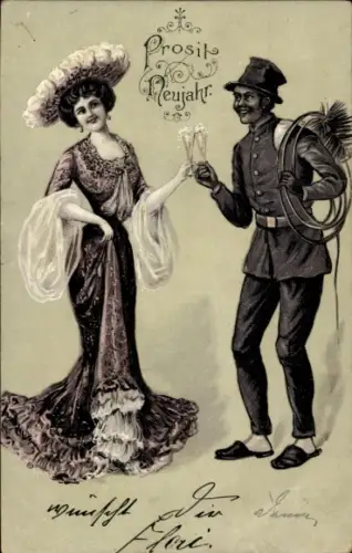 Ak Glückwunsch Neujahr, elegante Dame, Schornsteinfeger