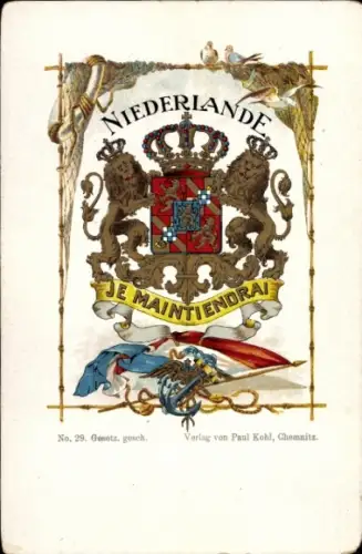 Wappen Litho Je Maintiendrai, Niederland, Paul Kohl Chemnitz No. 29