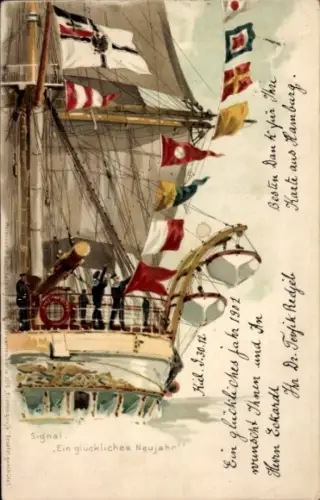 Künstler Litho Bohrdt, Glückwunsch Neujahr, Segelschiff mit Signalfahnen
