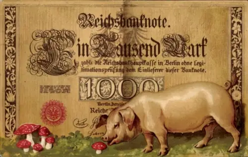 Geldschein Ak Reichsbanknote 1000 Mark, Schwein, Fliegenpilze