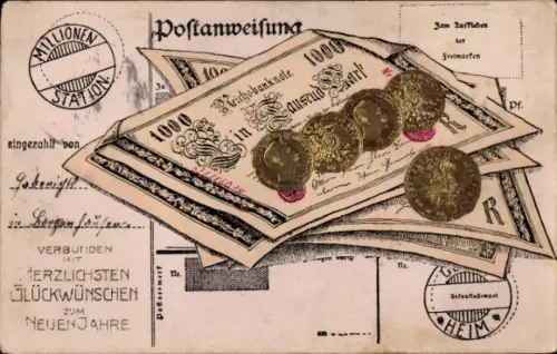 Ak Glückwunsch Neujahr, Münzen, Banknoten