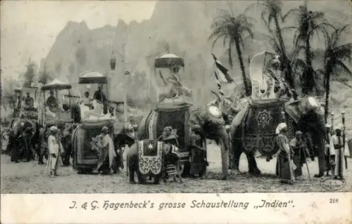 Ak Hagenbecks große Schaustellung, Indien, Völkerschau, Elefanten