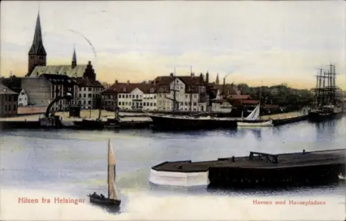Ak Helsingør Helsingör Dänemark, Hafenansicht,  Architektur, Segelboot, Stadtansicht