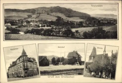 Ak Graitschen bei Bürgel Thüringen, Gesamtansicht, Ratskeller, Kirche, Bahnhof