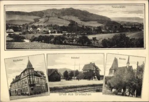 Ak Graitschen bei Bürgel Thüringen, Totalansicht, Ratskeller, Bahnhof, Kirche
