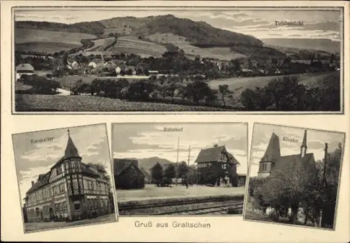 Ak Graitschen bei Bürgel Thüringen, Gesamtansicht, Ratskeller, Kirche, Bahnhof