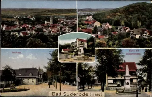 Ak Bad Suderode Quedlinburg im Harz, Badehaus, Tal, Markt mit Kriegerdenkmal, nansicht