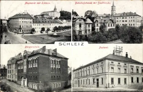 Ak Schleiz im Vogtland Thüringen, Neumarkt mit Schloss, Bahnhofstraße mit Stadtkirche, Bürgerschu