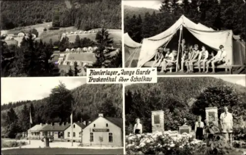 Ak Truckenthal Schalkau in Thüringen, Pionierlager Junge Garde, Zeltlager, Gruppenfoto, Naturland