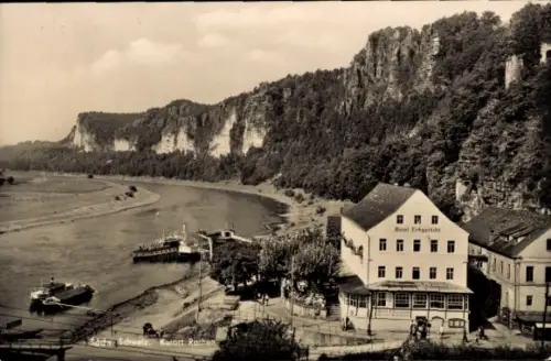 Ak Rathen an der Elbe Sächsische Schweiz, Kurort  Hotel Erfgerecht, Flusslandschaft, Felsen, Boot