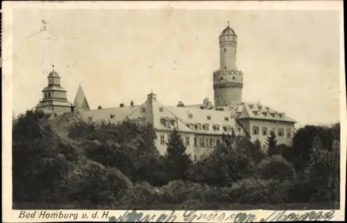Ak Bad Homburg vor der Höhe Hessen, Bad Homburg v. d. H., Schloss, Turm, Bäume