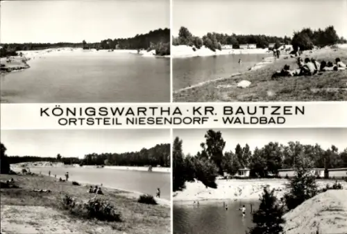 Ak Niesendorf Königswartha in der Oberlausitz, Waldbad, Sandstrand, Wasser, Badegäste, Natur
