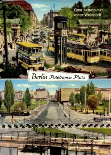 Ak Berlin Tiergarten, Potsdamer Platz, Berliner Mauer, Stacheldraht, Doppeldeckerbus, Straßenbahn