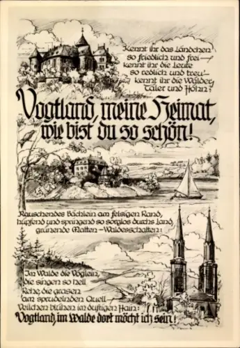 Künstler Ak Oelsnitz Vogtland, Gedicht, Vogtland meine Heimat, wie bist du so schön!, Kirche, Schloß