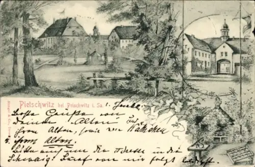 Ak Prischwitz Göda in der Oberlausitz, Zeichnung von Pietschwitz, Gebäude, Landschaft, Text in me