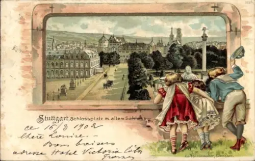Passepartout Litho Stuttgart in Württemberg, Schlossplatz, altes Schloss, Kinder