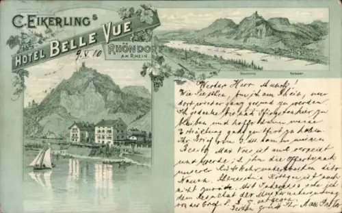 Litho Rhöndorf Bad Honnef am Rhein, Hotel Belle Vue,  Schiff auf dem Rhein