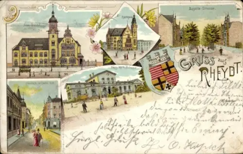 Ak Rheydt Mönchengladbach am Niederrhein, Verschiedene Gebäude, Gruß aus  Wappen, 