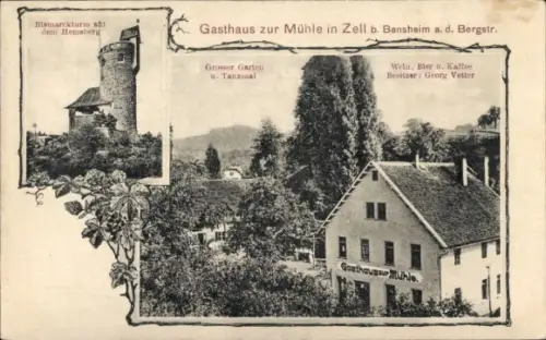 Ak Zell Bensheim an der Bergstraße Hessen, Bismarckturm, Gasthaus zur Mühle, Inh. Georg Vetter