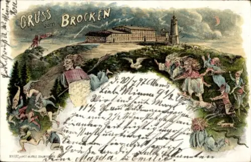 Litho Brocken im Harz, Brockenhexen auf Besen