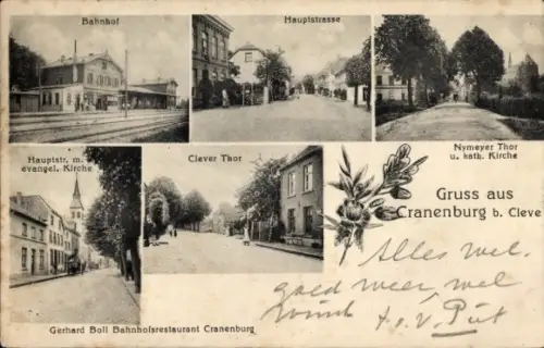 Ak Cranenburg Kranenburg am Niederrhein, Bahnhof, Hauptstraße, evangelische Kirche, Clever Thor, 