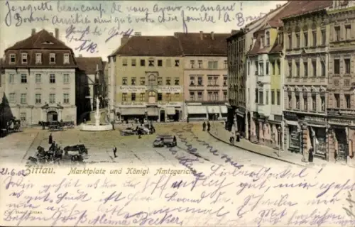 Ak Zittau in Sachsen, Marktplatz, Königliches Amtsgericht, Brunnen,  Architektur