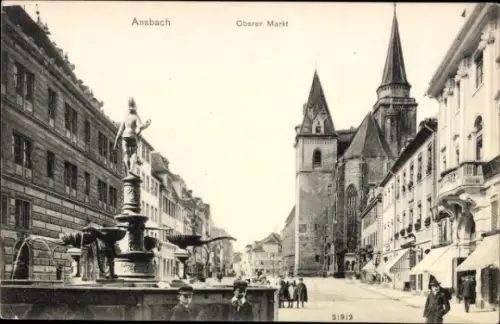 Ak Ansbach in Mittelfranken Bayern,  Oberer Markt, Brunnen, Kirche,  Architektur