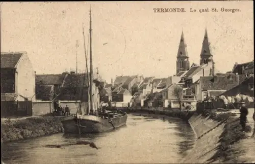 Ak Dendermonde Termonde Ostflandern, Stadtansicht  Kanal, Boot, Häuser, Kirchtürme
