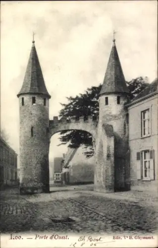 Ak Gand Gent Ostflandern, Porte d'Ouest,  Stadtmauer, Türme, gepflasterte Straße