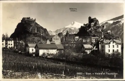 Ak Sion Sitten Kanton Wallis, Berge, Schloss Valère, Schloss Tourbillon, Stadt  Weinreben