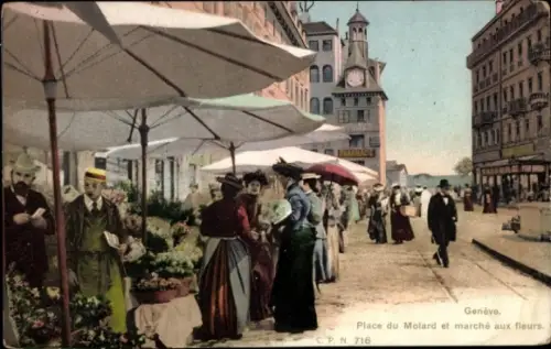 Ak Genève Genf Stadt, Place du Molard, marché aux fleurs, gens, Pharmacie