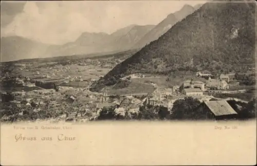 Ak Chur Kanton Graubünden, Panoramablick auf  Berge im Hintergrund, Text 'Gruss aus Chur'