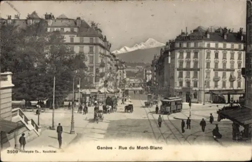 Ak Genève Genf Schweiz,  Rue du Mont-Blanc, Hotel Suisse, Straßenansicht, Trams