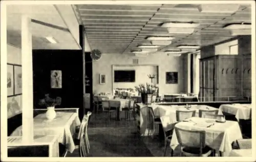 Ak Basel Stadt Schweiz, Innenansicht eines Restaurants, Tische mit weißen Tischdecken, Gemälde an