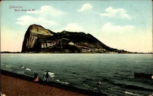 Ak Gibraltar,  Felsen, Meer, Strand, Menschen