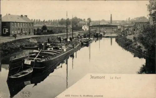 Ak Jeumont Nord, Hafenansicht, Boote, Kanal, Gebäude, Schwarz-Weiß-Foto