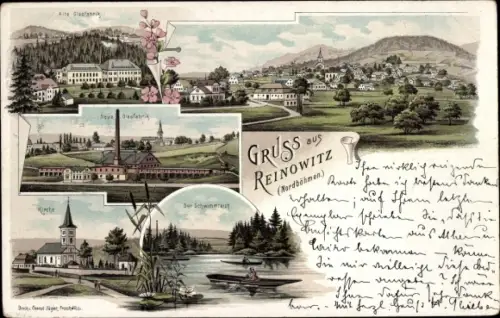 Litho Reinowitz Jablonec nad Nisou Gablonz an der Neiße Region Reichenberg, Glasfabrik, Kirche