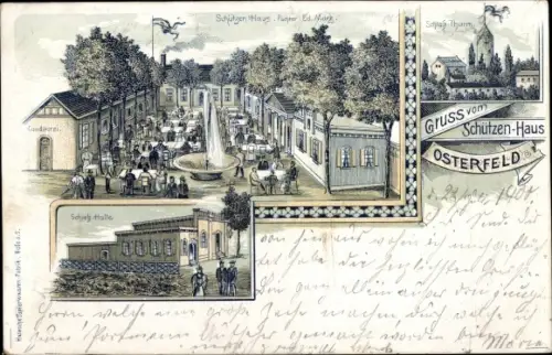 Litho Osterfeld im Burgenlandkreis, Schützenhaus, Schießhalle, Schlossturm