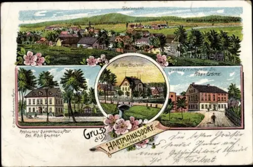 Litho Hartmannsdorf bei Kirchberg Sachsen, Kgl. Oberförsterei, Gasthof Alban Stöckel, Restaurant