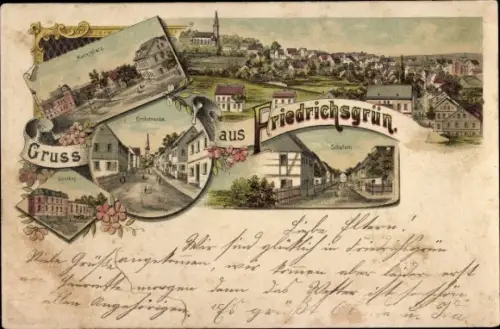 Litho Friedrichsgrün Reinsdorf in Sachsen, Kirchstraße, Schulstraße, Marktplatz