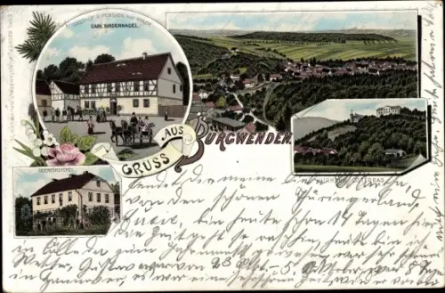 Litho Burgwenden Kölleda in Thüringen, Gasthof zum Anker, Oberförsterei, Kurhaus Osterbad