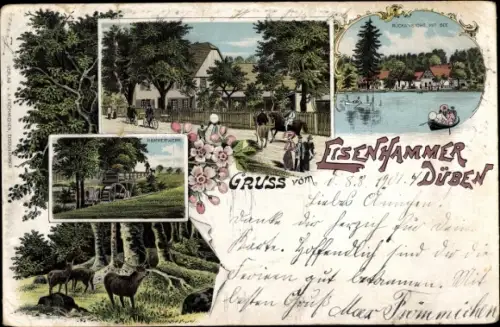 Litho Bad Düben an der Mulde Sachsen, Eisenhammer, Hammerwerk, See, Hirsche