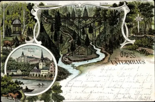 Litho Untermhaus Gera in Thüringen, Hermannbrücke, Kirche, Schloss Osterstein, Tempel, Agneskreuz