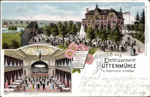 Litho Hohenstein Ernstthal in Sachsen, Etablissement Hüttenmühle, Garten, Saal