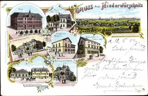 Litho Niederwürschnitz im Erzgebirge Sachsen, Schule, Post, Gemeindeamt, Gasthof zum Kronprinz