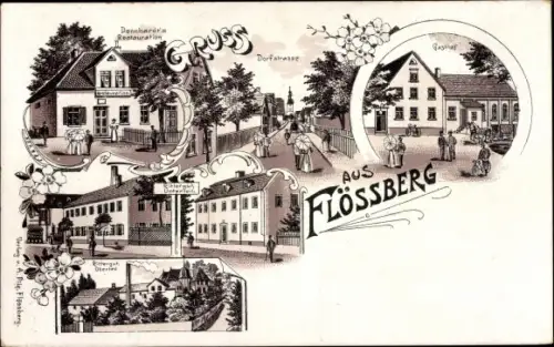 Litho Flößberg Frohburg in Sachsen, Dennhardt's Restauration, Rittergut, Gasthof, Dorfstraße